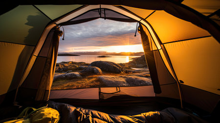 tourist tent with stunning view of mountains, ai generative,の素材