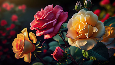 Multicolored garden rose flowers over black background, ai generativeの素材