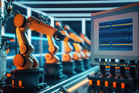 Industrial 4.0, AI generated, close up of modern factory machinery with robotic handの素材