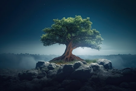 green planet concept - green tree of life with power lines, lights around, 3D illustrationの素材