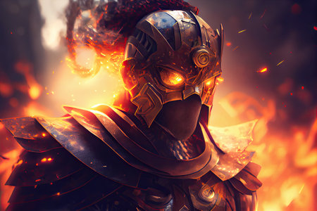 Knight in front of castle, battle field with fire in background in black armor, based on Ai generationの素材