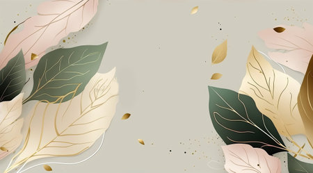 botanical watercolor design with green and golden foil leaves, floral background, ai generativeの素材