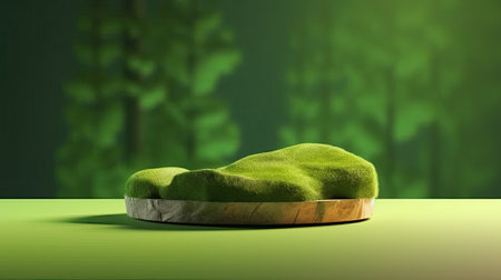 Minimal modern product display podium on dark green background with forestal greeneryの素材