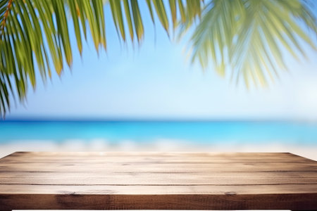 Sunny summer beach with palms background with copy space for product, tropical vacational islansd, ai generativeの素材
