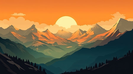 mountain peaks in beautiful sunset light, ai generativeの素材