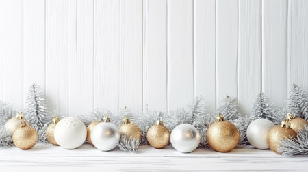 Christmas decorations over white wooden background, ai generativeの素材