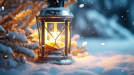 Christmas Lantern On Snow With Fir Branch, ai generativeの素材