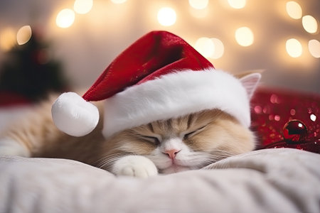 Cat in Christmas hat sleeping on sofa, ai generativeの素材