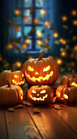 halloween scene with carved pumpkin jack o lantern on the table on dark backgroundの素材