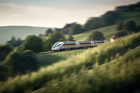 Futuristic modern train of non existent design moving fast on green landscape backgroundの素材