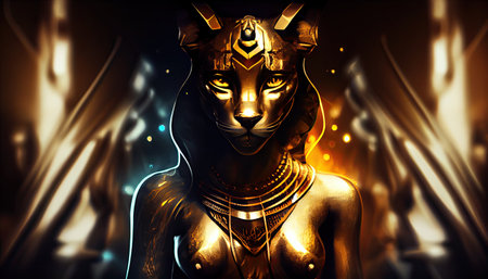 Bastet, half woman half cat goddess of ancient Egypt, mystic egyptian background, ai basedの素材
