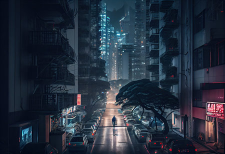 City in virtual reality, cyberpunk city street in neon lightsの素材