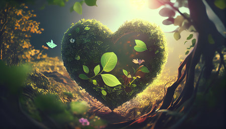 green planet concept - green tree heart with forest greenery aroundの素材