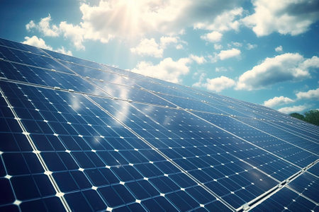 field of solar plant under blue skyの素材