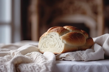 fresh baked bread on table at homeの素材