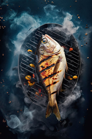 fish on burning grill, bbq top viewの素材
