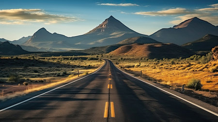 mountain peaks in beautiful sunset light with empty roadの素材