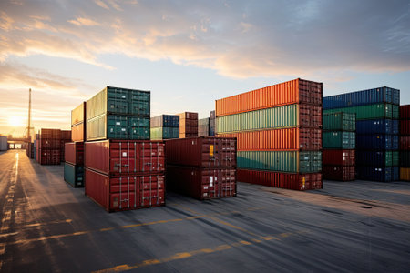 Modern System transportation and logistic import export and transport industry of truck container cargo ship and cargo plane with working crane bridge in shipyardの素材