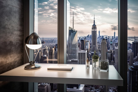 Minimalist working desk, big city in backgroundの素材