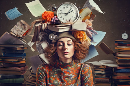 Tired woman overhelmed with chaos of papers and work,の素材
