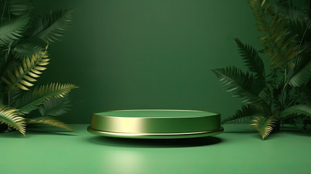 Minimal modern product display podium on dark green background with tropical leavesの素材