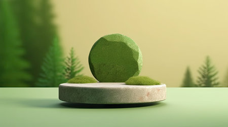 Minimal modern product display podium on dark green background with tropical leavesの素材