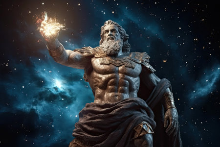 White marble statue of man over dark background with fire in his handsの素材