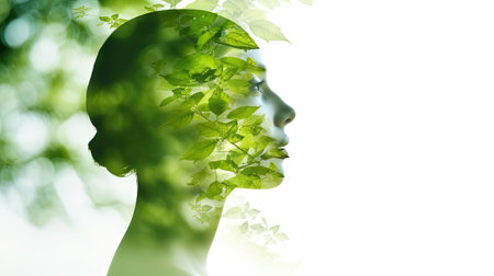 save the green planet concept with face covered with green plants from one side, illustration with double exposure,の素材