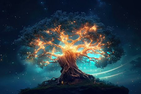 green planet concept - green tree of life with power lines, lights around, 3D illustrationの素材