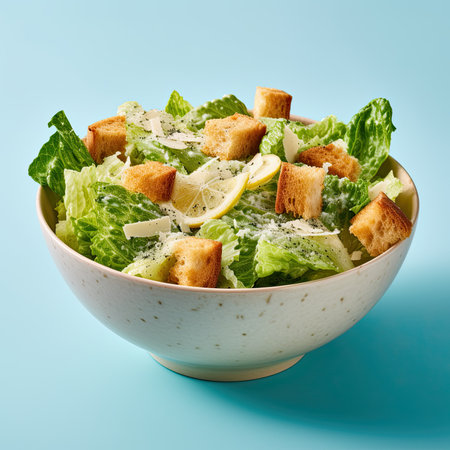 caesar salad over light blue backgroundの写真素材