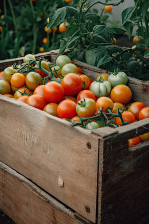harvest of colorful tomatoes in cratesの素材