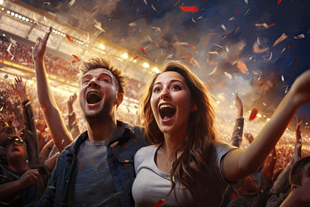 Football soccer stadium with spanish football fans or players celebrating victoryの写真素材