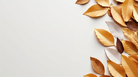 Yellow and golden leaves over white backgroundの素材