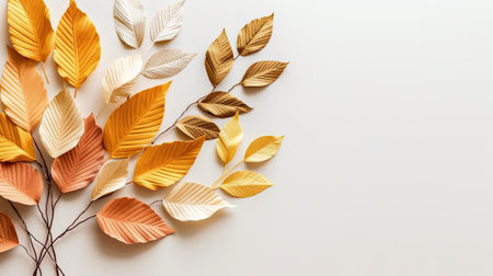 Yellow and golden leaves over white backgroundの素材