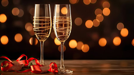 Two glasses of champagne with bokeh lights in backgroundの素材
