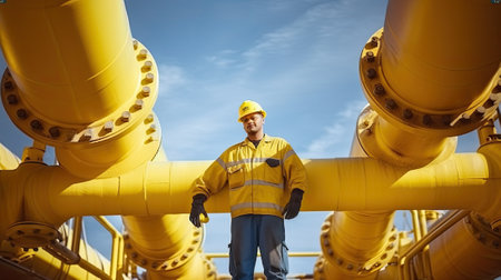 Male worker with yellow pipes at refinery oil stationの素材