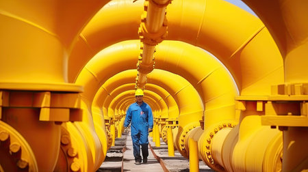 Male worker with yellow pipes at refinery oil stationの素材