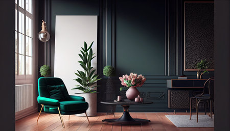 Interior of luxury home, living room with poster mock upの素材