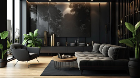 Dark living room interior with luxury gray sofaの素材