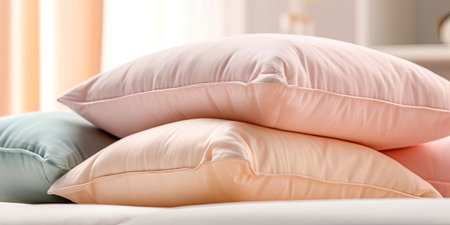 close up pastel pillows in bedの素材