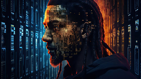 portrait of cyberpunk hacker, data analysis conceptの素材