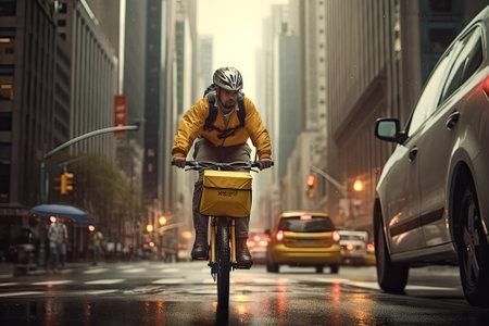 Bike delivery through big city on a bikeの素材