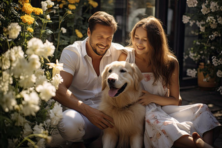 family with golden retriver dog in gardenの素材