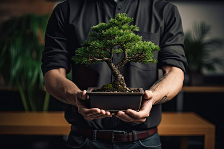 Man holding bonsai treeの写真素材