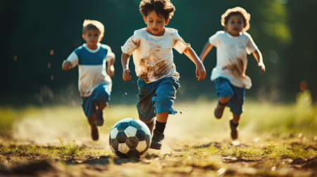 Kids playing in soccer football outdoorの写真素材