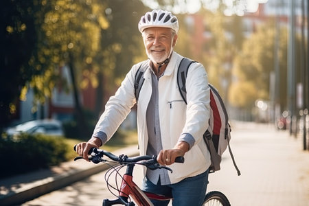 Senior man with bike in big cityの素材