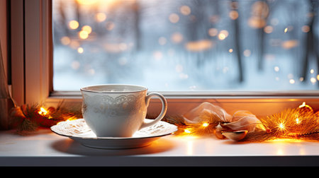 cup with warm drink on windowsill, winter street in background