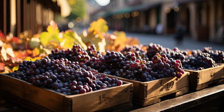 Harvested red grapes in cratesの素材