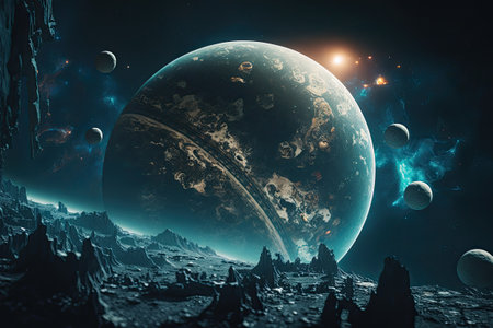 alien world planet, deep space landscape with several moons