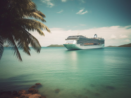Luxury cruise ship departing from a tropical portの素材